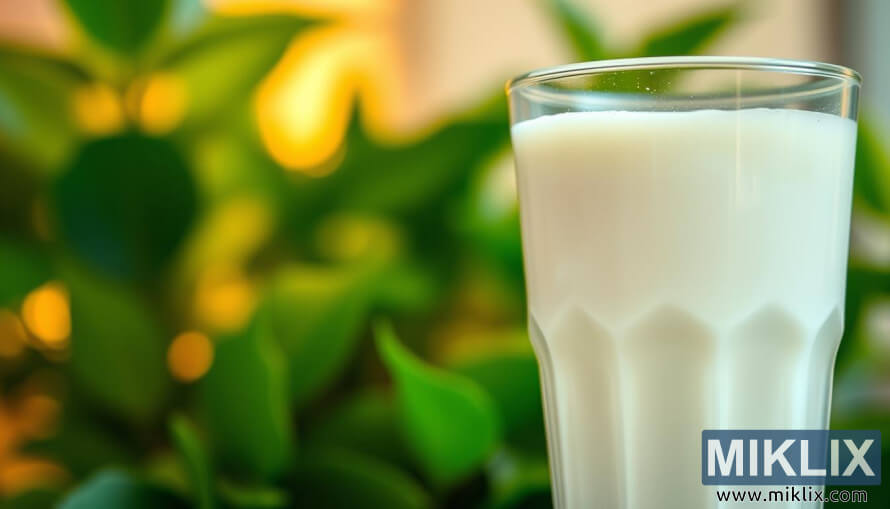 Krupni plan ÄaÅ¡e kremastog kefira s lisnatim zelenilom u pozadini.