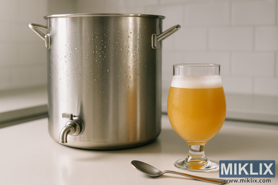 Jirgin ruwan shakar bakin karfe kusa da gilashin tulip na giya na zinare mai hazaka. Jirgin ruwan shakar bakin karfe kusa da gilashin tulip na giya na zinare mai hazaka.