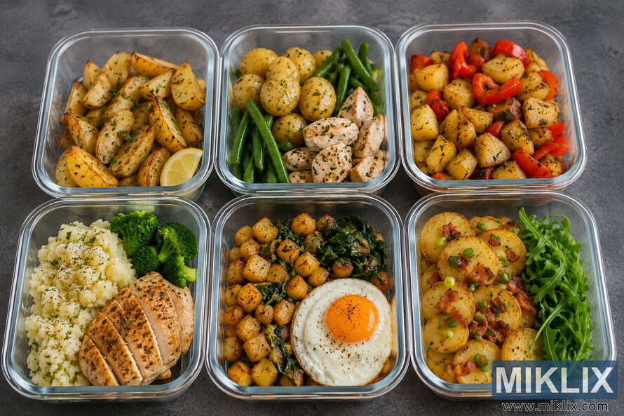 Landscape photo of six glass meal prep containers filled with healthy potato-based meals, including roasted potatoes, mashed potatoes, grilled chicken, green beans, broccoli, leafy greens, peppers, and a sunny-side-up egg, arranged neatly on a dark gray countertop with no visible brands. Landscape photo of six glass meal prep containers filled with healthy potato-based meals, including roasted potatoes, mashed potatoes, grilled chicken, green beans, broccoli, leafy greens, peppers, and a sunny-side-up egg, arranged neatly on a dark gray countertop with no visible brands.