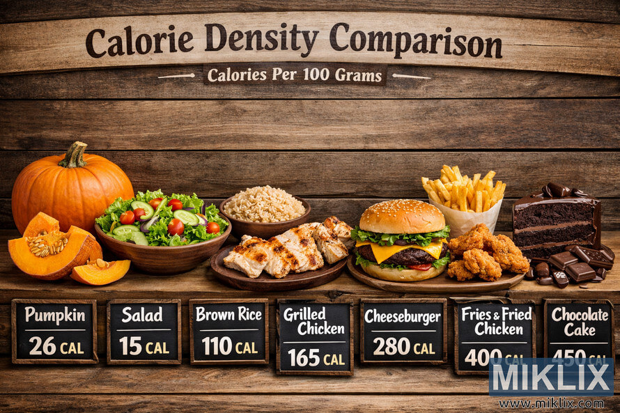 A detailed food comparison display showing pumpkins, salad, brown rice, grilled chicken, cheeseburger, fries and fried chicken, and chocolate cake arranged from lowest to highest calorie density per 100 grams.