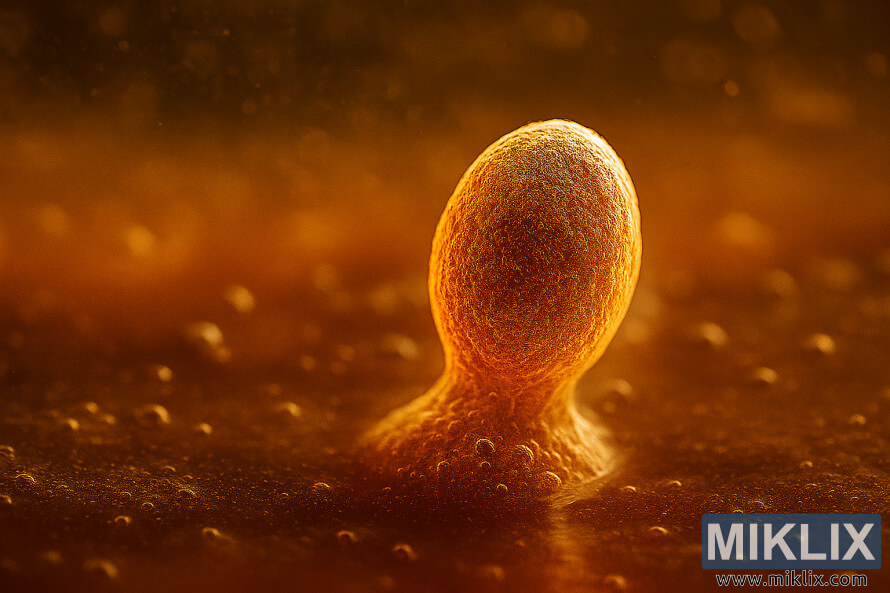 Close-up van een gloeiende gistcel in amberkleurig bier met bubbels en zachte verlichting Close-up van een gloeiende gistcel in amberkleurig bier met bubbels en zachte verlichting