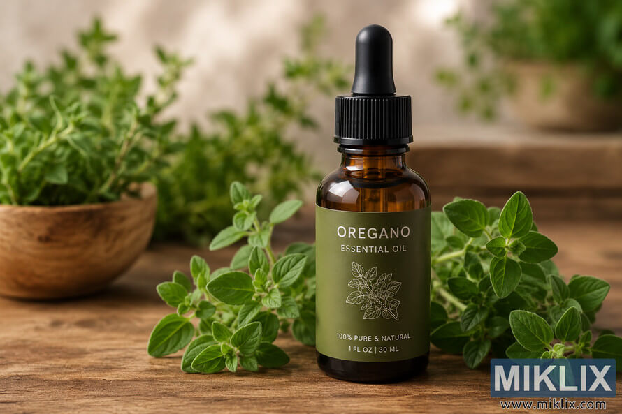 Premium oregano essential oil in an amber glass dropper bottle placed on a rustic wooden table surrounded by fresh green oregano sprigs with a softly blurred natural background. Premium oregano essential oil in an amber glass dropper bottle placed on a rustic wooden table surrounded by fresh green oregano sprigs with a softly blurred natural background.