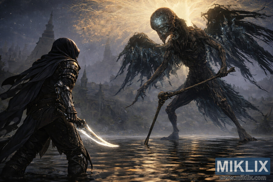 Tamsos fantastikos Eldeno Å½iedo gerbÄjÅ³ pieÅ¡inys, kuriame AptemÄsis iÅ¡ nugaros susiduria su didÅ¾iuliu Mirties ApeigÅ³ PaukÅ¡Äiu, mojuojanÄiu lazda uÅ¾tvindytame Akademijos VartÅ³ Mieste po ErdmedÅ¾iu.