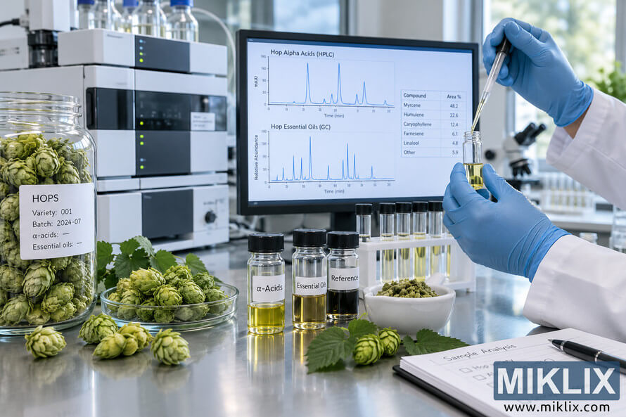 Laboratory researcher in blue gloves pipetting a golden hop extract into a glass vial beside hop cones, sample bottles, chromatography equipment, and a monitor displaying HPLC alpha-acid and GC essential-oil chromatograms.