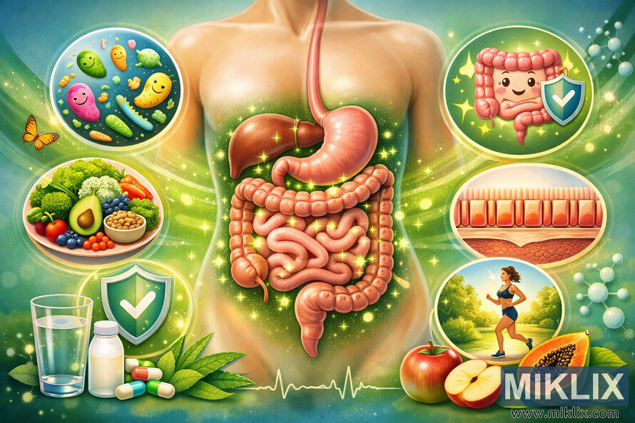Landscape medical illustration of a healthy digestive system showing a semi-transparent human torso with highlighted esophagus, stomach, small intestine, and large intestine, surrounded by glowing green sparkles. On the left, circular insets depict friendly gut microbiota, a plate of healthy foods, and a protective shield icon. On the right, insets show a happy intestine character, a cross-section of the intestinal lining with tight junctions, and a fit person jogging outdoors. At the bottom, water, yogurt, capsules, green leaves, aloe vera, an apple, and sliced papaya are arranged, all set against flowing green waves, molecules, a butterfly, and a heartbeat line in the background.