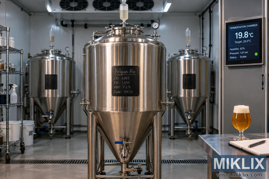 Stainless-steel Belgian ale fermenter in a clean fermentation chamber with a control display showing 19.8°C and an amber beer on a worktable. Stainless-steel Belgian ale fermenter in a clean fermentation chamber with a control display showing 19.8°C and an amber beer on a worktable.