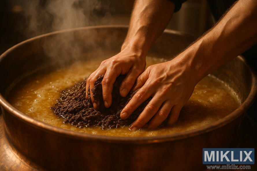 Tangan pembuat bir menumbuk malt coklat pucat dalam ketel tembaga dengan uap mengepul dalam cahaya hangat.