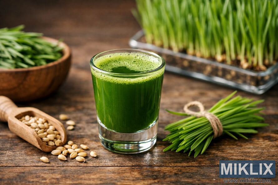 A clear shot glass filled with vibrant green wheatgrass juice sits on a rustic wooden table, surrounded by a small wooden bowl of freshly cut wheatgrass on the left, a neatly tied bundle of fresh wheatgrass on the right, a wooden scoop of beige wheatgrass seeds in the foreground, and a blurred glass tray of growing wheatgrass in the background. A clear shot glass filled with vibrant green wheatgrass juice sits on a rustic wooden table, surrounded by a small wooden bowl of freshly cut wheatgrass on the left, a neatly tied bundle of fresh wheatgrass on the right, a wooden scoop of beige wheatgrass seeds in the foreground, and a blurred glass tray of growing wheatgrass in the background.