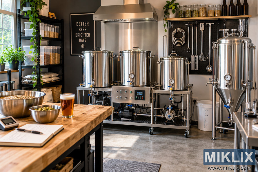 Wide view of an advanced homebrewing workspace with stainless-steel brewing kettles, a conical fermenter, pumps, gauges, valves, organized tools, stored grains and hops, a wooden workbench, recipe notes, plants, and a glass of amber beer. Wide view of an advanced homebrewing workspace with stainless-steel brewing kettles, a conical fermenter, pumps, gauges, valves, organized tools, stored grains and hops, a wooden workbench, recipe notes, plants, and a glass of amber beer.