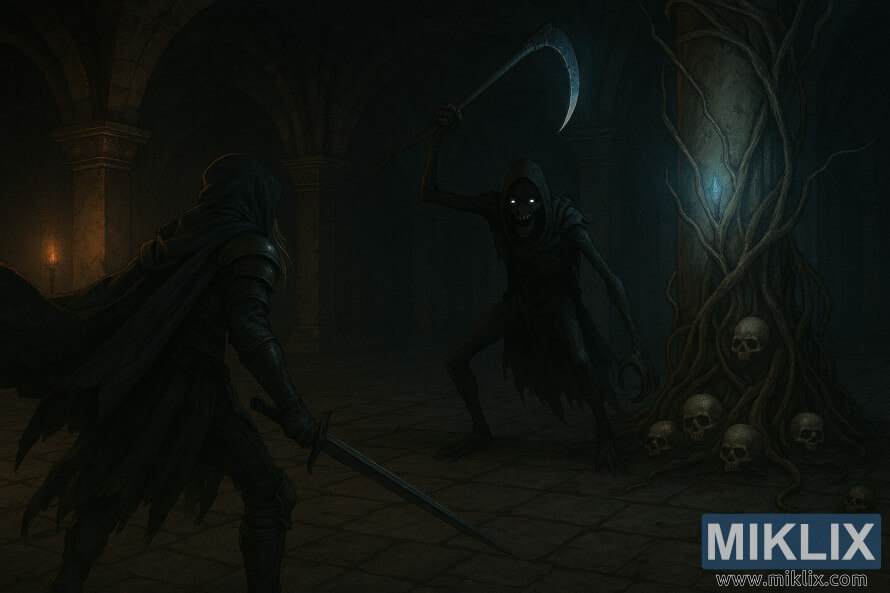 Caelid katakombalarında QÉbiristanlıq KölgÉsi ilÉ qarÅılaÅan Qara Bıçaqlı QaralmıŠzirehin qaranlıq fantaziya illüstrasiyası. Caelid katakombalarında QÉbiristanlıq KölgÉsi ilÉ qarÅılaÅan Qara Bıçaqlı QaralmıŠzirehin qaranlıq fantaziya illüstrasiyası.