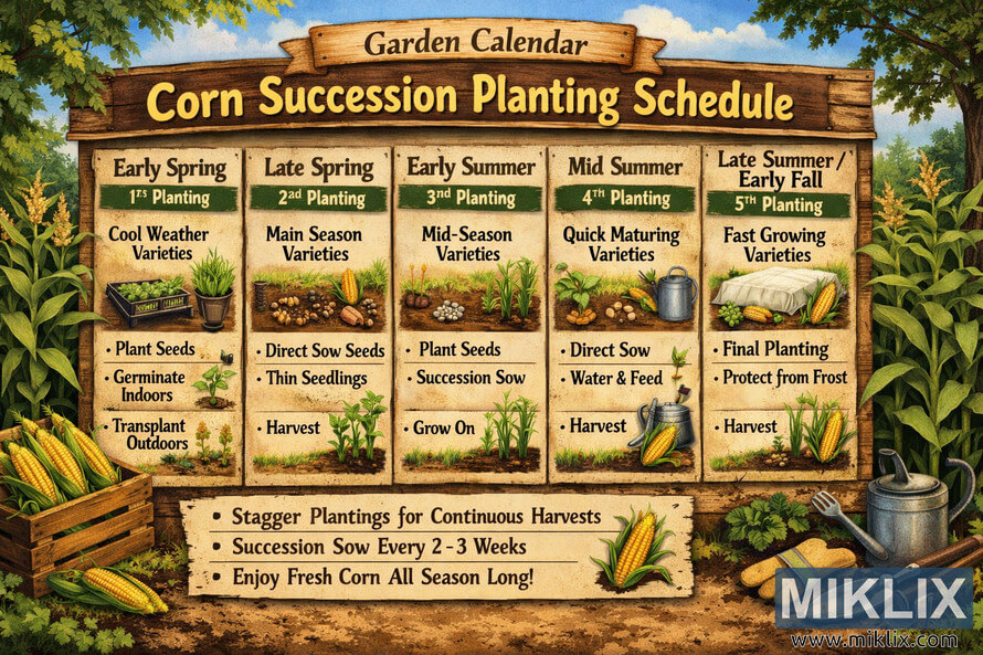 Illustrated garden calendar showing a corn succession planting schedule from early spring to late summer with planting tips and seasonal stages.