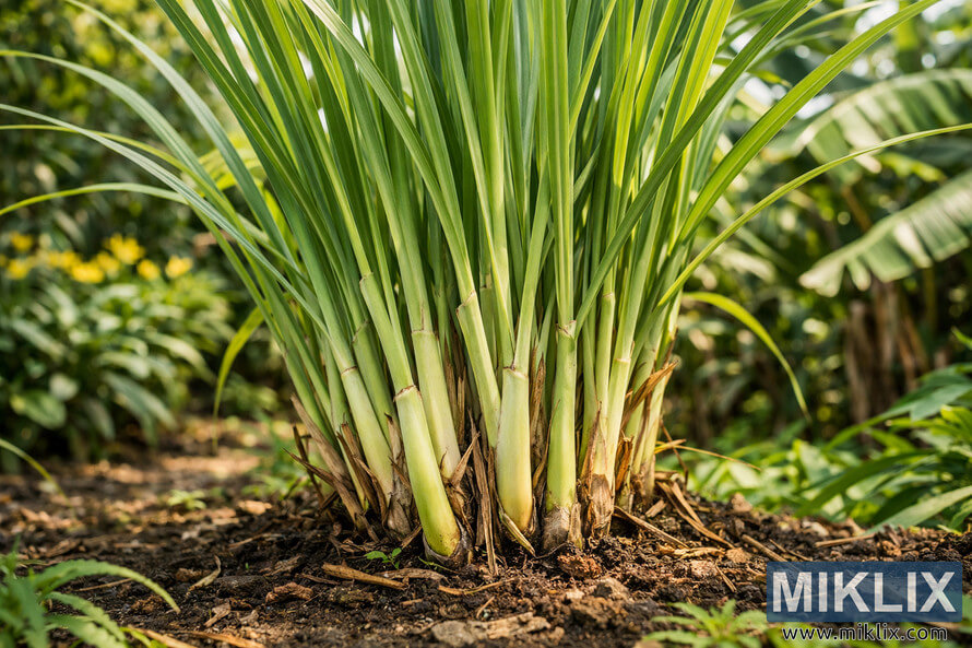 Close-up view of lemongrass stalks and leaves growing in a lush tropical garden, with sunlight filtering through surrounding foliage. Close-up view of lemongrass stalks and leaves growing in a lush tropical garden, with sunlight filtering through surrounding foliage.