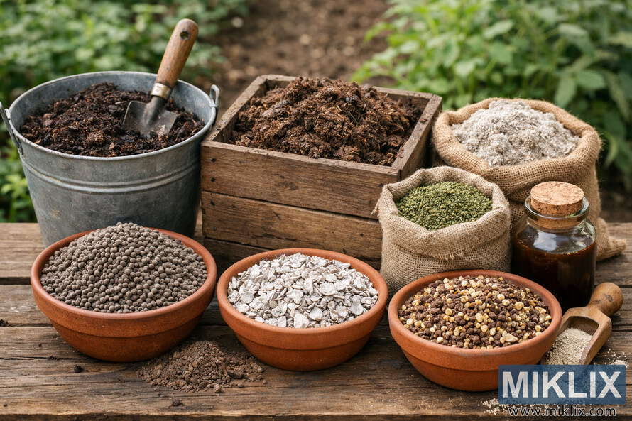 Assortment of soil amendments including compost, manure, organic fertilizers, and minerals displayed in containers on a wooden garden table.