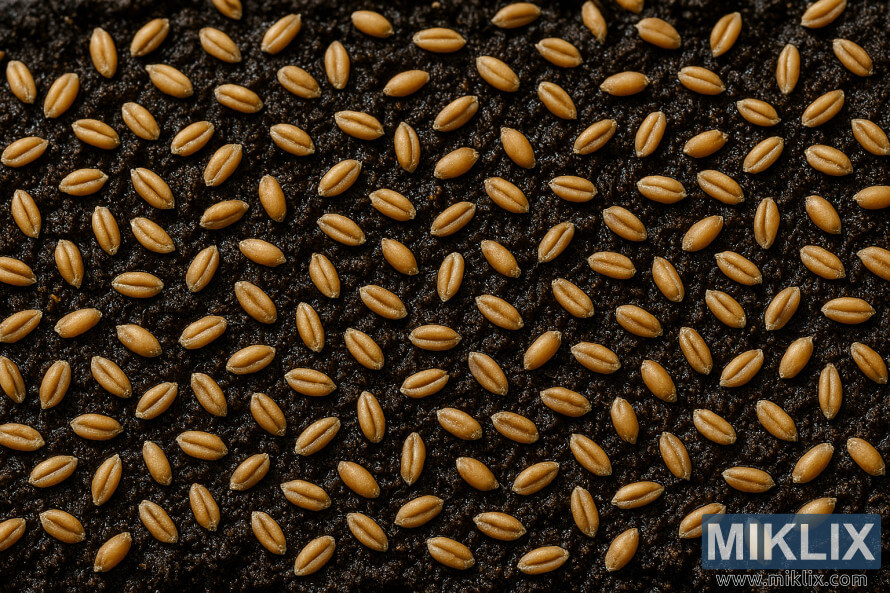 Evenly spread wheat seeds on dark, moist soil in a high-resolution landscape photo