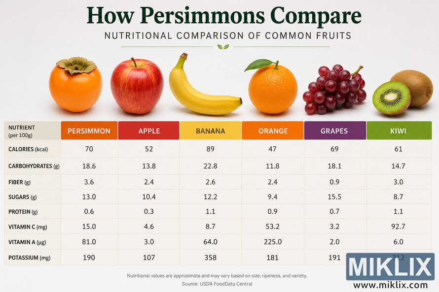 Landscape infographic comparing the nutritional values of persimmons, apples, bananas, oranges, grapes, and kiwis. The image features realistic fruit illustrations above a detailed comparison table listing calories, carbohydrates, fiber, sugars, protein, vitamin C, vitamin A, and potassium per 100 grams.