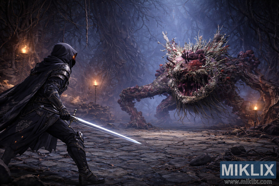 Wide anime-style view of the Tarnished on the left, seen from behind with a sword drawn, facing the Ulcerated Tree Spirit amid twisted roots and torchlit stone in Fringefolk Hero's Grave.