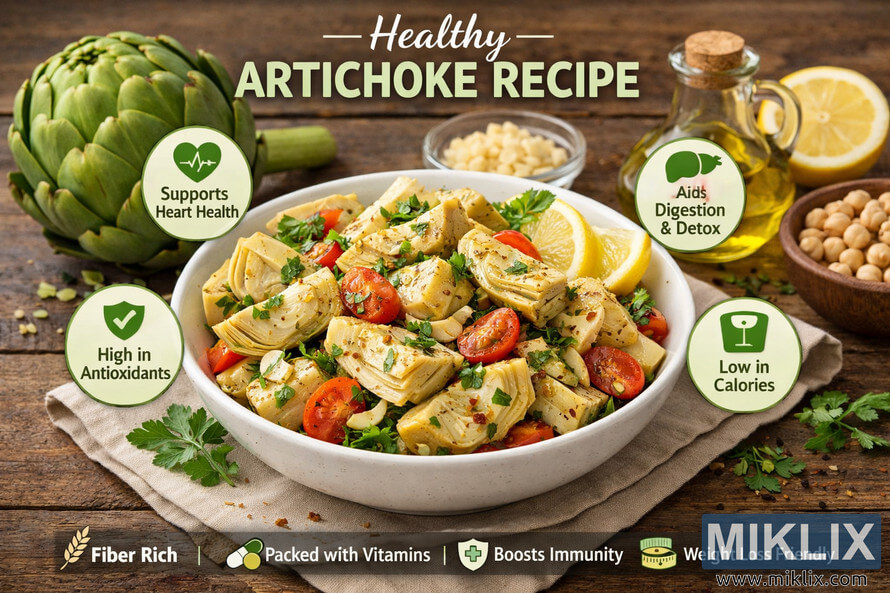 A vibrant landscape photo of a healthy artichoke side dish featuring marinated artichoke hearts, cherry tomatoes, garlic, parsley, and lemon zest in a white ceramic bowl on a rustic wooden table, surrounded by fresh ingredients and health benefit icons. A vibrant landscape photo of a healthy artichoke side dish featuring marinated artichoke hearts, cherry tomatoes, garlic, parsley, and lemon zest in a white ceramic bowl on a rustic wooden table, surrounded by fresh ingredients and health benefit icons.