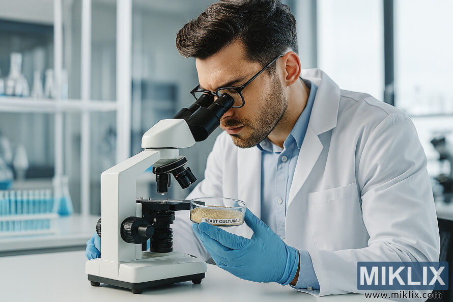 Parlaq müasir laboratoriyada mikroskop altında maya mÉdÉniyyÉtini öyrÉnÉn laboratoriya paltarında olan alim Parlaq müasir laboratoriyada mikroskop altında maya mÉdÉniyyÉtini öyrÉnÉn laboratoriya paltarında olan alim
