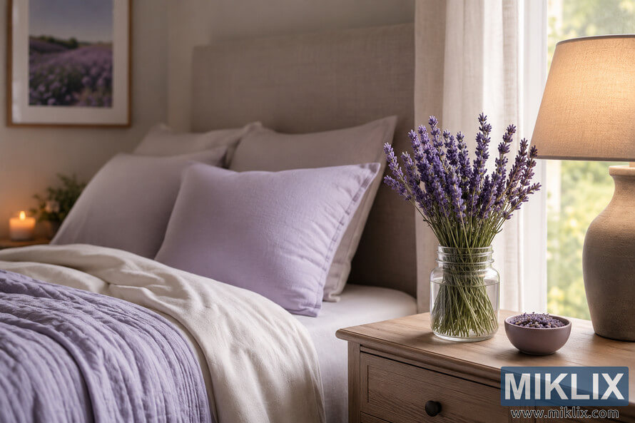 Softly lit peaceful bedroom with lavender flowers on a wooden nightstand beside a cozy bed dressed in pastel purple bedding, creating a calm and relaxing atmosphere that promotes better sleep. Softly lit peaceful bedroom with lavender flowers on a wooden nightstand beside a cozy bed dressed in pastel purple bedding, creating a calm and relaxing atmosphere that promotes better sleep.