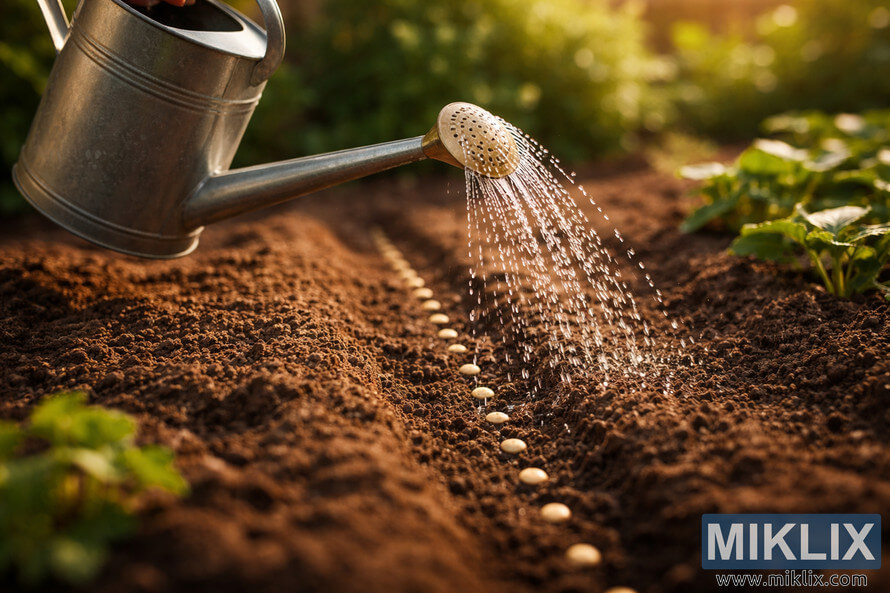 A long-spouted metal watering can gently sprinkling water over a row of newly planted seeds in rich garden soil during warm afternoon light.
