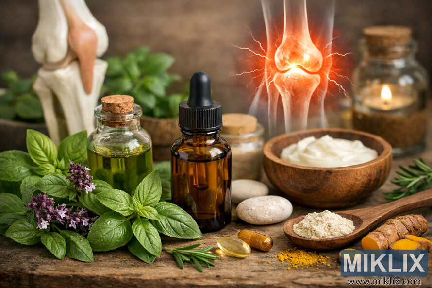 A wellness scene featuring basil essential oil bottles surrounded by fresh basil leaves, turmeric, and herbal elements illustrating anti-inflammatory benefits for joint and tissue health. A wellness scene featuring basil essential oil bottles surrounded by fresh basil leaves, turmeric, and herbal elements illustrating anti-inflammatory benefits for joint and tissue health.
