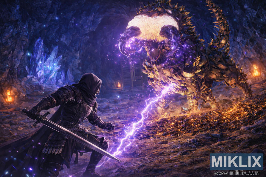 Anime-style fan art of the Tarnished in Black Knife armor wielding a sword while fighting the Fallingstar Beast inside the glowing Sellia Crystal Tunnel.