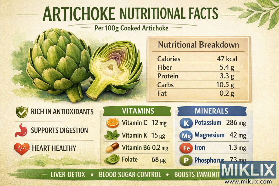 Landscape infographic showing artichoke nutritional facts and health benefits, with macronutrient breakdown, vitamins, minerals, and icons illustrating antioxidants, digestion, heart health, liver detox, blood sugar control, and immunity. Landscape infographic showing artichoke nutritional facts and health benefits, with macronutrient breakdown, vitamins, minerals, and icons illustrating antioxidants, digestion, heart health, liver detox, blood sugar control, and immunity.