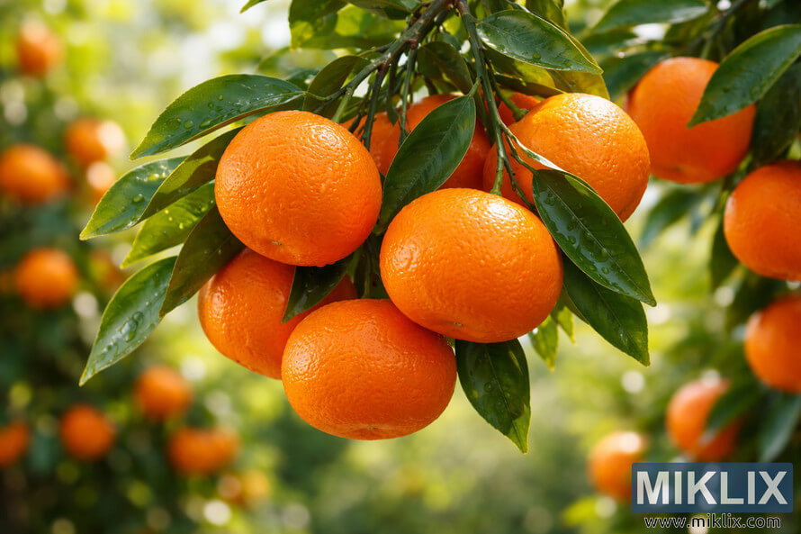 Cluster of bright orange seedless clementine tangerines hanging on a leafy branch in sunlight