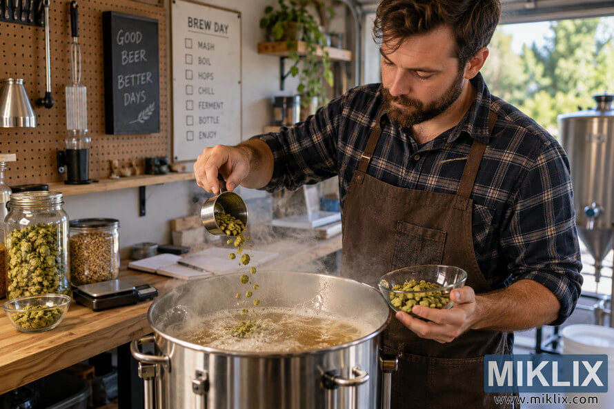 Homebrewer in a brown apron measuring green hops and adding them to a steaming kettle of boiling wort in a home brewery. Homebrewer in a brown apron measuring green hops and adding them to a steaming kettle of boiling wort in a home brewery.