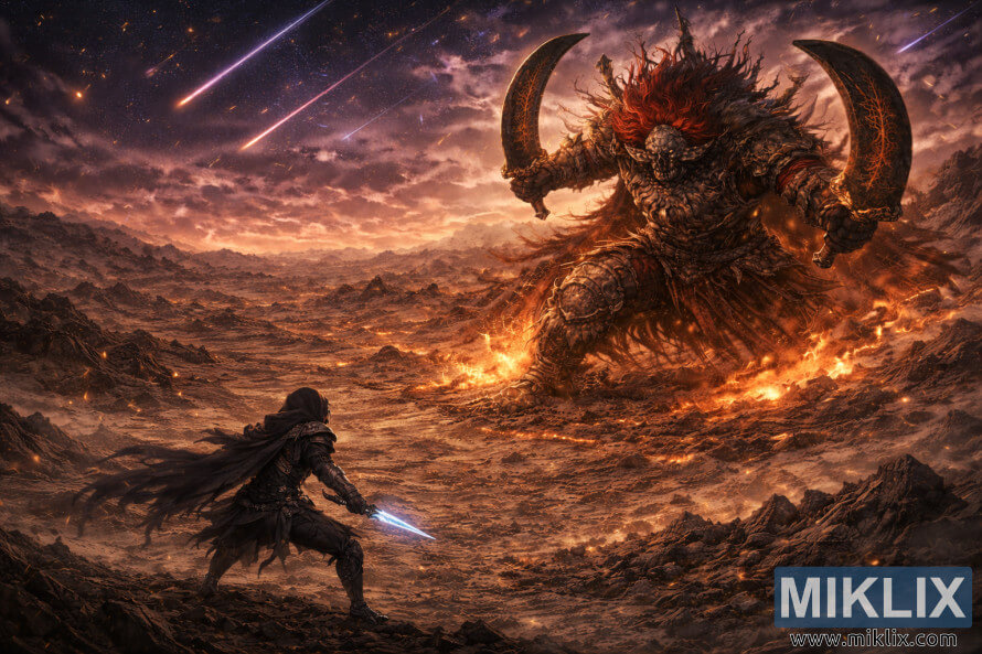 Dark fantasy scene of a lone Tarnished facing the towering Starscourge Radahn on a burning volcanic battlefield beneath a meteor-filled sky.