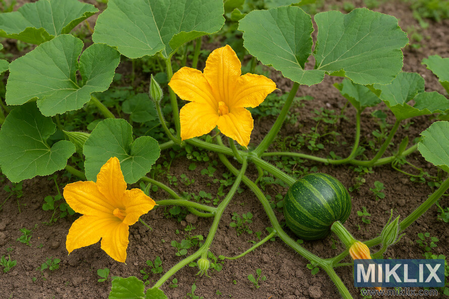 Healthy pumpkin vine with yellow flowers and developing green fruit in a garden