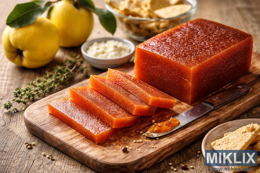 High resolution landscape photo of sliced membrillo quince paste on a wooden serving board with quinces, cheese, crackers, and thyme in the background.
