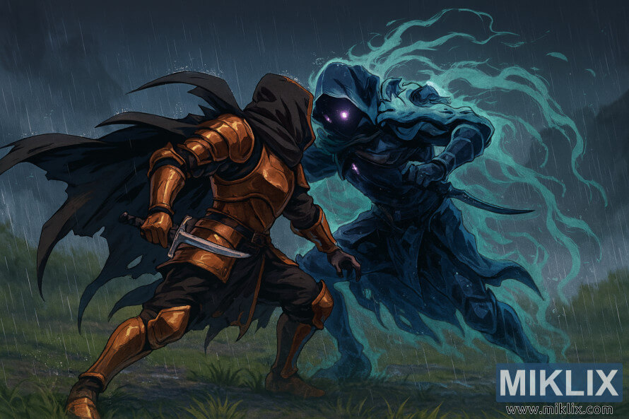 Anime-styl fantasiekunswerk van die Tarnished in Black Knife-pantser wat teen Alecto, Black Knife Ringleader, veg in 'n reëndeurdrenkte arena met gloeiende pers en turkoois-effekte. Anime-styl fantasiekunswerk van die Tarnished in Black Knife-pantser wat teen Alecto, Black Knife Ringleader, veg in 'n reëndeurdrenkte arena met gloeiende pers en turkoois-effekte.