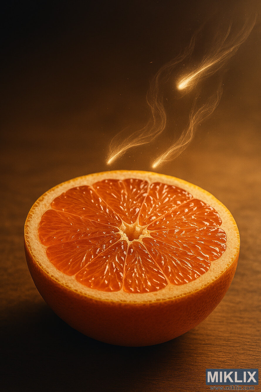 Close-up ng kalahating grapefruit na may kumikinang na parang kometa na mga vapor trail na umaangat mula sa makatas nitong interior