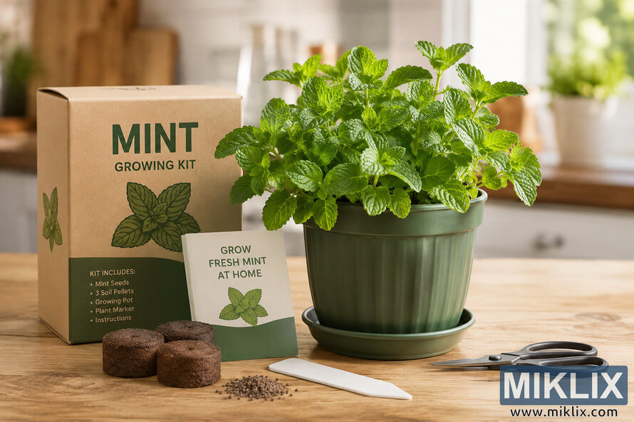 Fresh mint growing kit displayed on a wooden kitchen table with a lush green mint plant in a dark green pot beside a cardboard box labeled mint growing kit. The arrangement includes soil pellets, mint seeds, gardening scissors, and a printed instruction card in warm natural daylight. Fresh mint growing kit displayed on a wooden kitchen table with a lush green mint plant in a dark green pot beside a cardboard box labeled mint growing kit. The arrangement includes soil pellets, mint seeds, gardening scissors, and a printed instruction card in warm natural daylight.