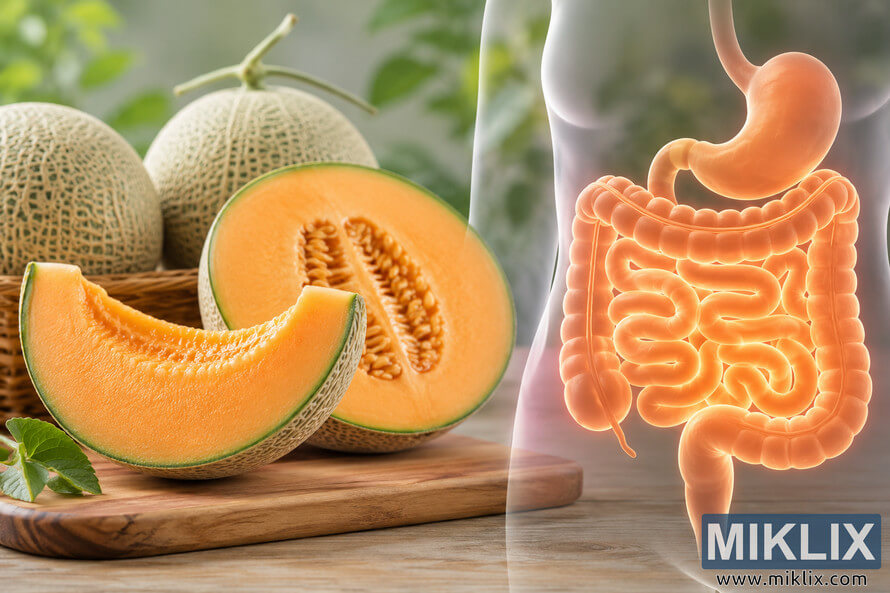 Fresh cantaloupe slices and whole melons displayed on a wooden cutting board beside a glowing human digestive system illustration, symbolizing gut health, nutrition, and healthy digestion. Fresh cantaloupe slices and whole melons displayed on a wooden cutting board beside a glowing human digestive system illustration, symbolizing gut health, nutrition, and healthy digestion.