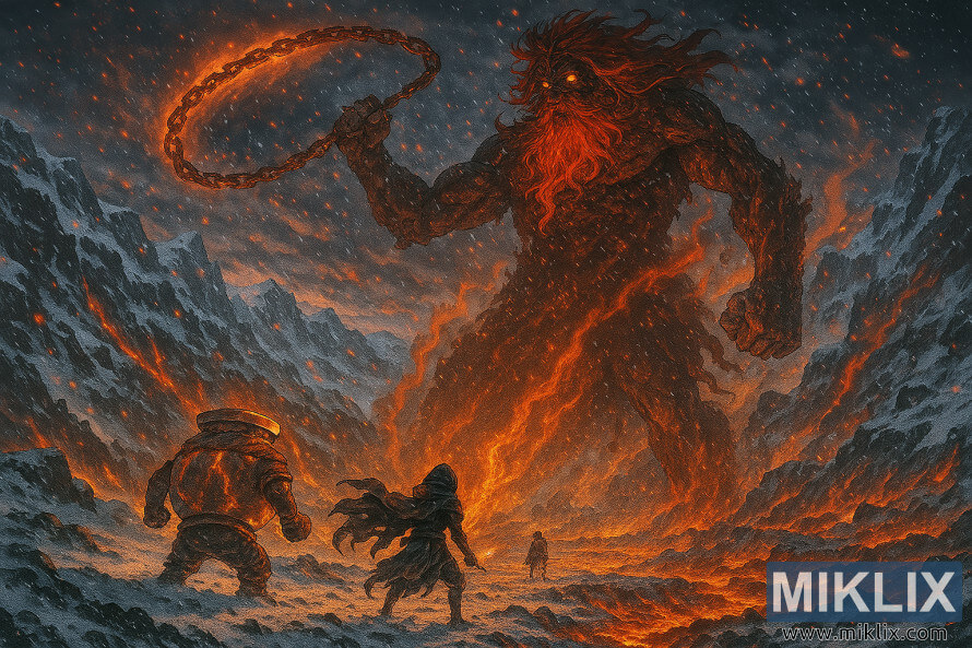 Anime-style cinematic artwork of Alexander the Warrior Jar and a Black Knife Assassin facing the colossal Fire Giant in a snowy volcanic battlefield.