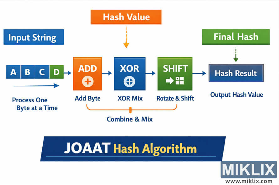 Infografika, ki prikazuje cevovod algoritma zgoščevanja JOAAT od vhodnih bajtov prek faz seštevanja, XOR in premikanja do končnega rezultata zgoščevanja.
