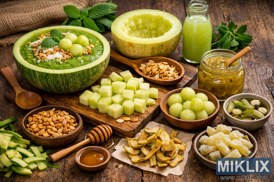 A high-resolution landscape photo of a rustic wooden table covered with zero-waste honeydew melon creations, including a smoothie served in a melon rind bowl topped with granola, coconut, melon balls, and mint, roasted melon seeds in a small wooden bowl, thin strips of melon peel, a cutting board with cubed melon and melon balls, a hollowed melon half with seeds and pulp in a wooden spoon, a glass bottle of light green juice, a jar of honeydew jam with a spoon, dehydrated melon rind chips on parchment, a bowl of melon rind pickles with garlic and peppercorns, candied melon rind pieces in a ceramic dish, a honey dipper with a dish of honey, and burlap cloth and mint leaves in the background. A high-resolution landscape photo of a rustic wooden table covered with zero-waste honeydew melon creations, including a smoothie served in a melon rind bowl topped with granola, coconut, melon balls, and mint, roasted melon seeds in a small wooden bowl, thin strips of melon peel, a cutting board with cubed melon and melon balls, a hollowed melon half with seeds and pulp in a wooden spoon, a glass bottle of light green juice, a jar of honeydew jam with a spoon, dehydrated melon rind chips on parchment, a bowl of melon rind pickles with garlic and peppercorns, candied melon rind pieces in a ceramic dish, a honey dipper with a dish of honey, and burlap cloth and mint leaves in the background.