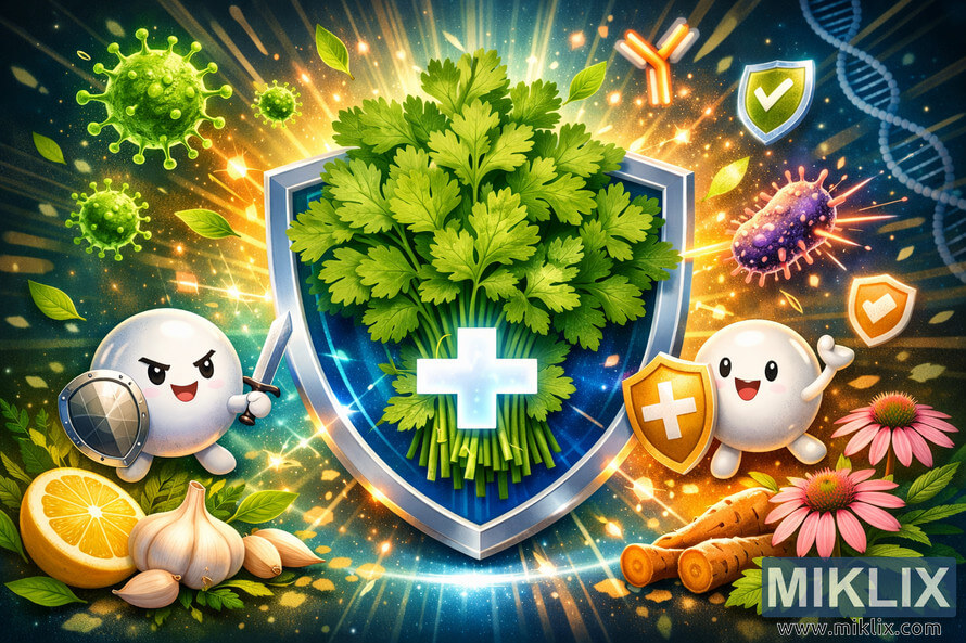Illustration of a large bunch of cilantro resting on a glowing blue shield with a white cross, flanked by a determined white blood cell character holding a sword and shield on the left and a cheerful antibody character with a golden shield on the right, surrounded by virus particles, a pierced purple bacterium, energy beams, floating leaves, lemon slices, garlic cloves, Echinacea flowers, turmeric root, DNA strands, antibodies, and shield icons. Illustration of a large bunch of cilantro resting on a glowing blue shield with a white cross, flanked by a determined white blood cell character holding a sword and shield on the left and a cheerful antibody character with a golden shield on the right, surrounded by virus particles, a pierced purple bacterium, energy beams, floating leaves, lemon slices, garlic cloves, Echinacea flowers, turmeric root, DNA strands, antibodies, and shield icons.