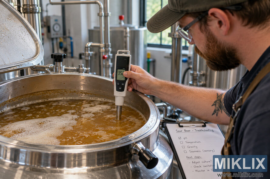 Brewer using a digital pH meter to test amber sour beer wort in an open stainless-steel vessel beside a troubleshooting checklist.