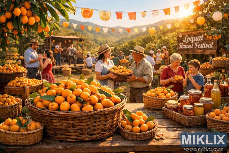 A lively outdoor loquat harvest festival with baskets of ripe loquats, villagers celebrating, musicians performing, and terraced orchards under a golden sunset. A lively outdoor loquat harvest festival with baskets of ripe loquats, villagers celebrating, musicians performing, and terraced orchards under a golden sunset.