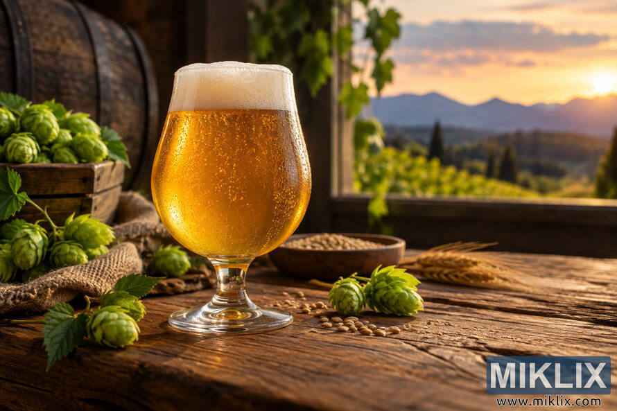 Golden experimental ale with a creamy foam head in a condensation-covered stemmed glass on a rustic wooden table, surrounded by fresh green hops, brewing grain, burlap and wheat, with barrels, fields, distant mountains and a warm sunset in the background. Golden experimental ale with a creamy foam head in a condensation-covered stemmed glass on a rustic wooden table, surrounded by fresh green hops, brewing grain, burlap and wheat, with barrels, fields, distant mountains and a warm sunset in the background.