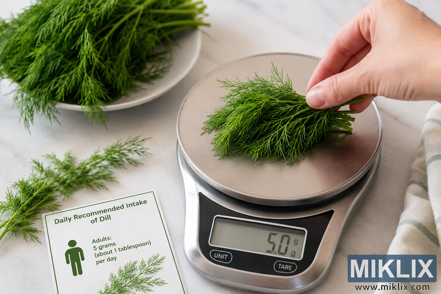 Close-up of a hand placing a small bundle of fresh dill on a digital kitchen scale displaying 5.0 grams, with additional dill and an informational intake card on a clean countertop. Close-up of a hand placing a small bundle of fresh dill on a digital kitchen scale displaying 5.0 grams, with additional dill and an informational intake card on a clean countertop.