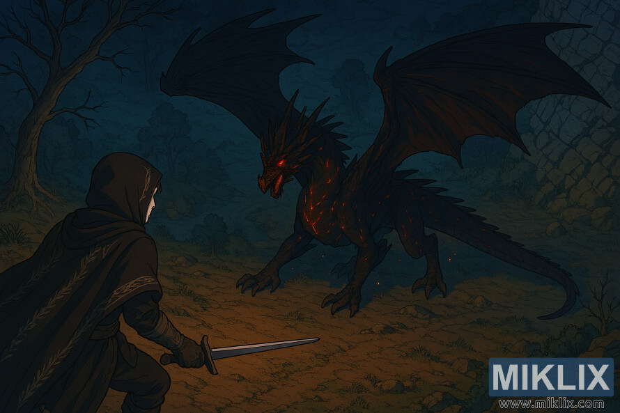 Anime stÃ­lusÃº rajongÃ³i grafika, amelyen a Tarnished in Black Knife pÃ¡ncÃ©lzat lÃ¡thatÃ³, amint egy megemelt izometrikus nÃ©zetbÅl nÃ©z szembe a levegÅben lÃ©vÅ Lichdragon Fortissaxszal az Elden Ring Deeproot Depths nevÅ± pÃ¡lyÃ¡jÃ¡n.