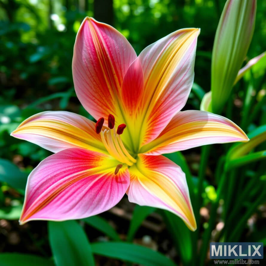 Lys vibrant en fleurs avec des pÃ©tales roses, rouges et jaunes et des Ã©tamines Ã  pointe rouge.