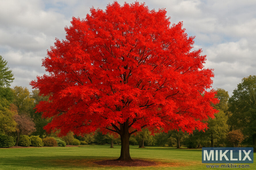 ChÃªne rouge du Nord Ã  lâautomne avec un couvert vÃ©gÃ©tal au feuillage Ã©carlate vif.