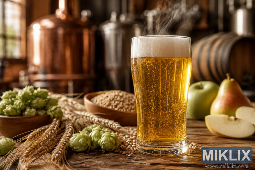 A steaming glass of golden pale lager on a rustic wooden table surrounded by hops, barley, apples, and pears, with blurred brewing tanks and wooden barrels in the background. A steaming glass of golden pale lager on a rustic wooden table surrounded by hops, barley, apples, and pears, with blurred brewing tanks and wooden barrels in the background.
