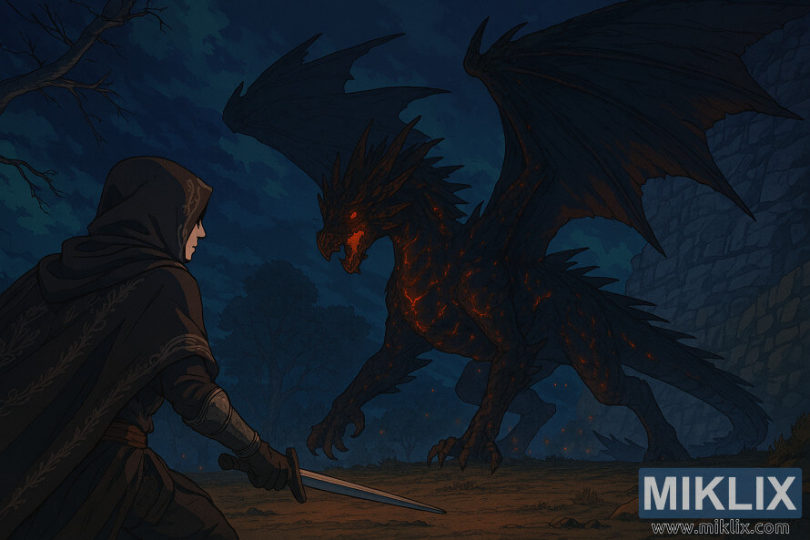 Anime stÃ­lusÃº rajongÃ³i grafika, amelyen a Fekete KÃ©s pÃ¡ncÃ©lba Ã¶ltÃ¶zÃ¶tt Tarnished egy repÃ¼lÅ Lichdragon Fortissaxszal nÃ©z szembe az Elden Ring Deeproot Depths cÃ­mÅ± jÃ¡tÃ©kÃ¡ban.