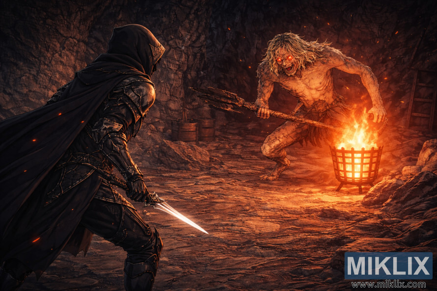 Anime stila Elden Ring fanu mÄkslas darbs, kurÄ redzams no aizmugures aptraipÄ«ts, bruÅots Melnais Nazis, kas stÄjas pretÄ« milzÄ«gam ZvÄ«Åainajam Misbegotten ugunÄ«gÄ alÄ ar plaÅ¡u fona skatu.